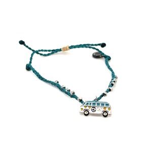 Pura Vida Teal Braided Bracelet Enamel Surf Van Peace Sign Charm Hippie Bus
